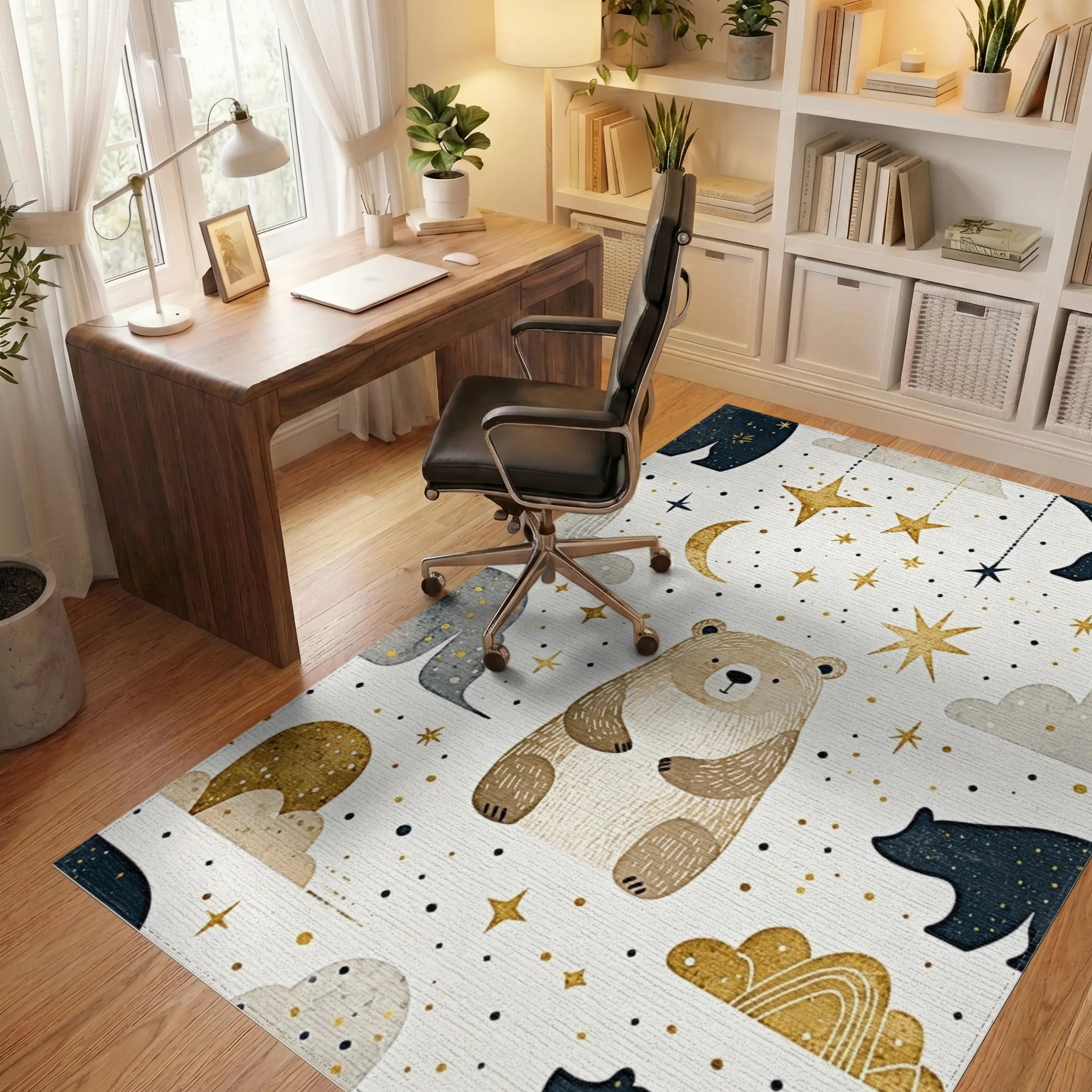 Whimsical Bear Star Moon Cloud Rug Office View