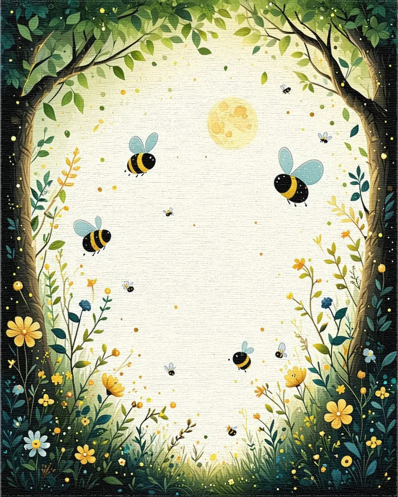 Whimsical Bee Garden Landscape Pattern Rug - Cutout View