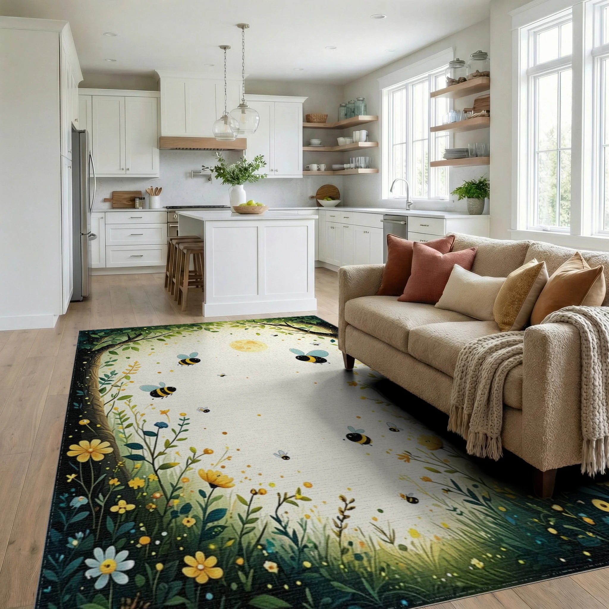 Whimsical Bee Garden Landscape Pattern Rug - Living Room View