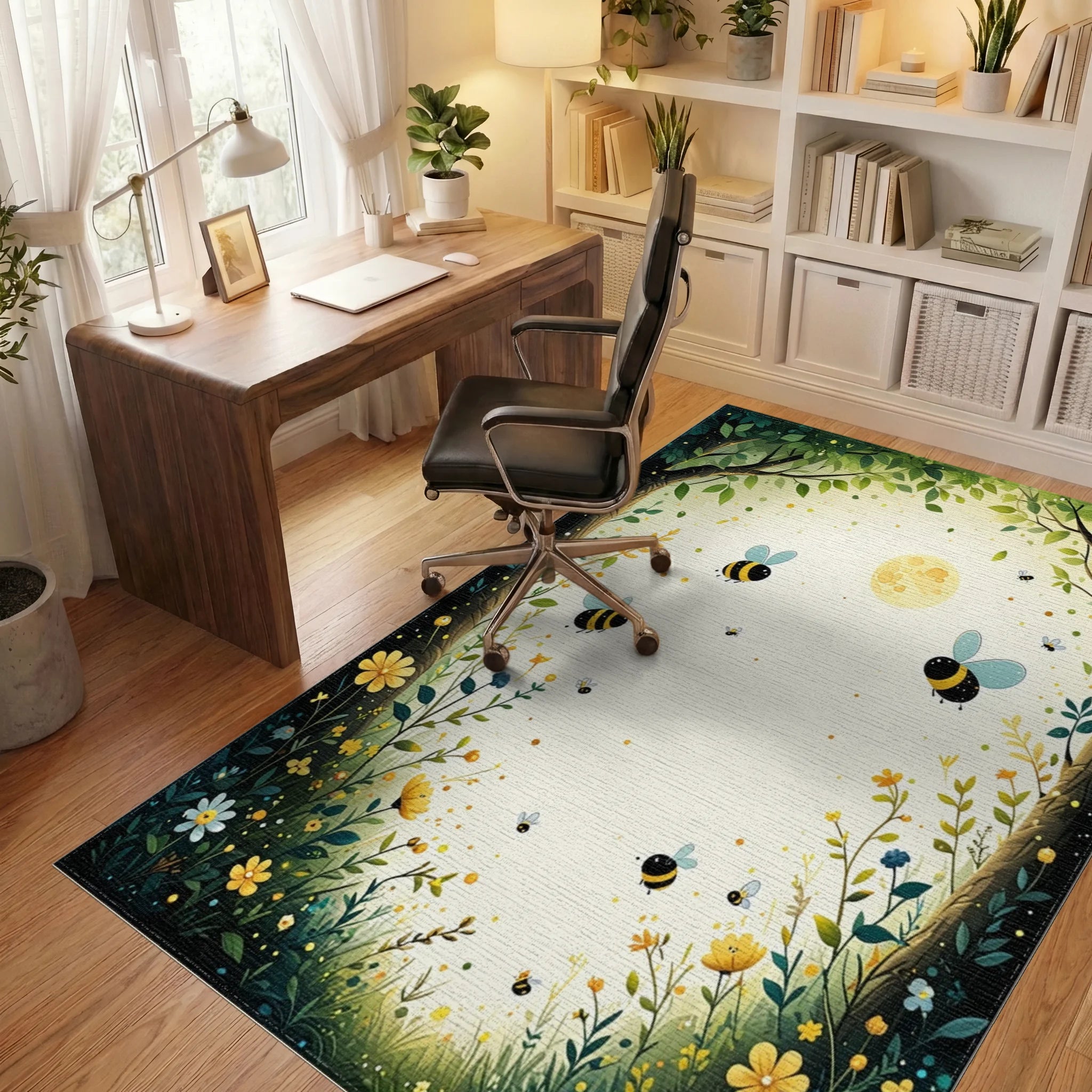 Whimsical Bee Garden Landscape Pattern Rug - Office View