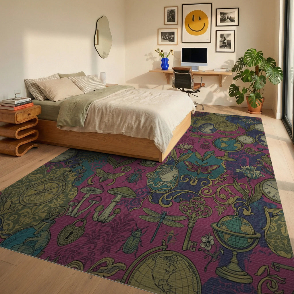 Whimsical Berry Vintage Curiosity Collage Rug Bedroom View