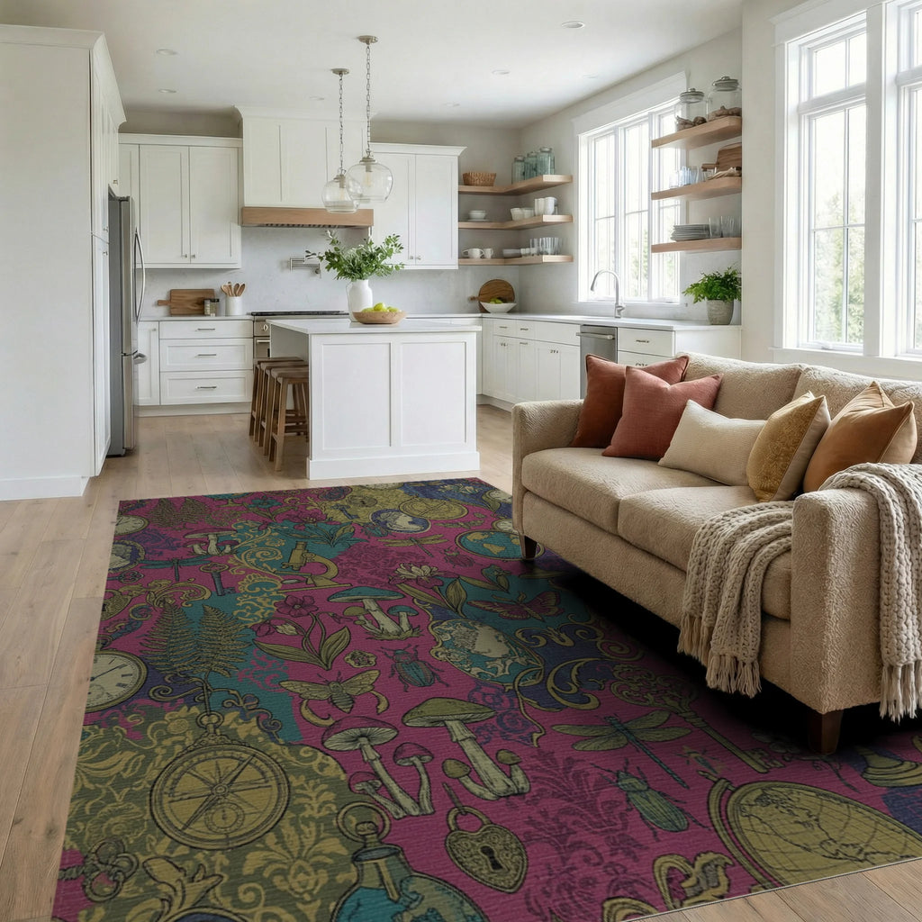 Whimsical Berry Vintage Curiosity Collage Rug Living Room View