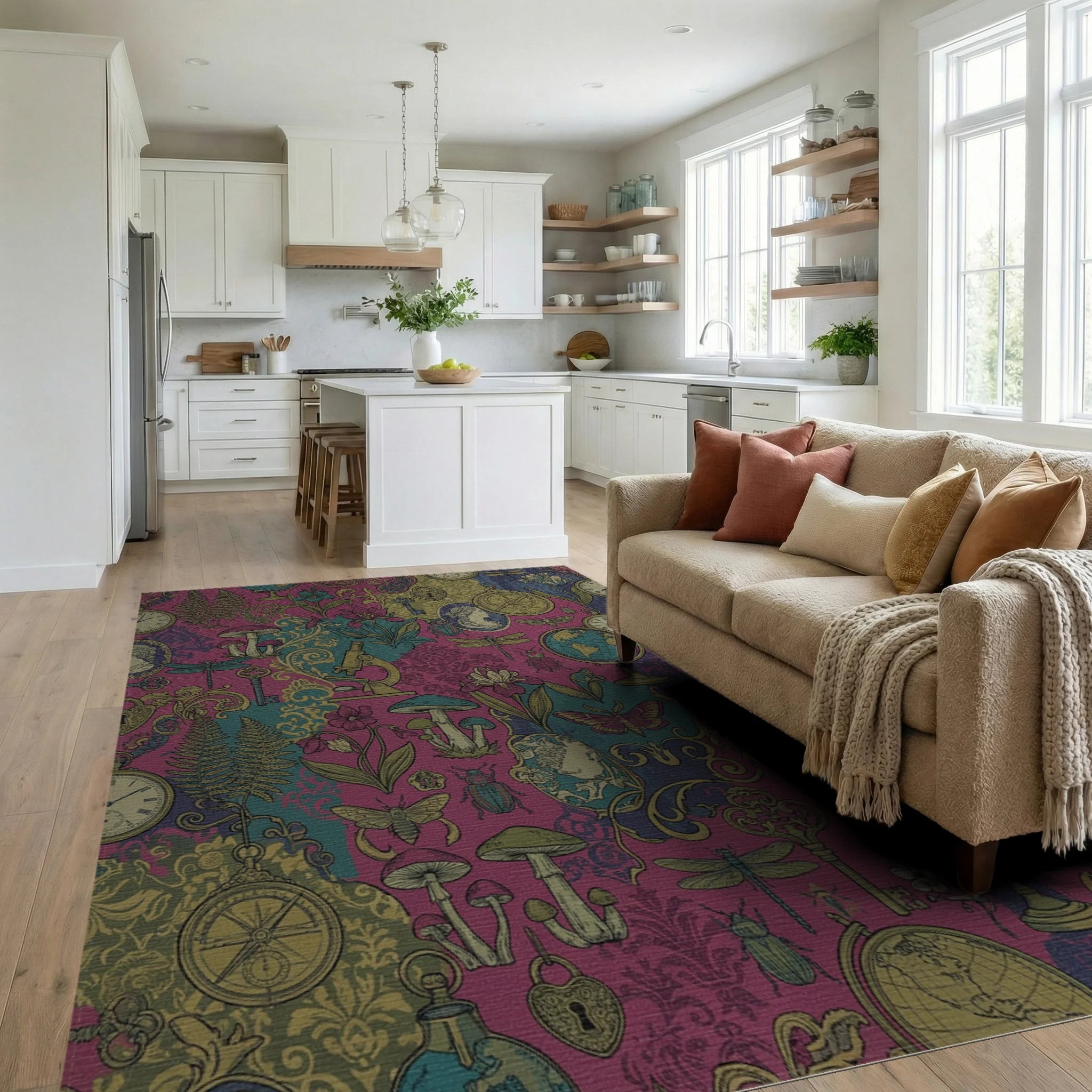 Whimsical Berry Vintage Curiosity Collage Rug Living Room View