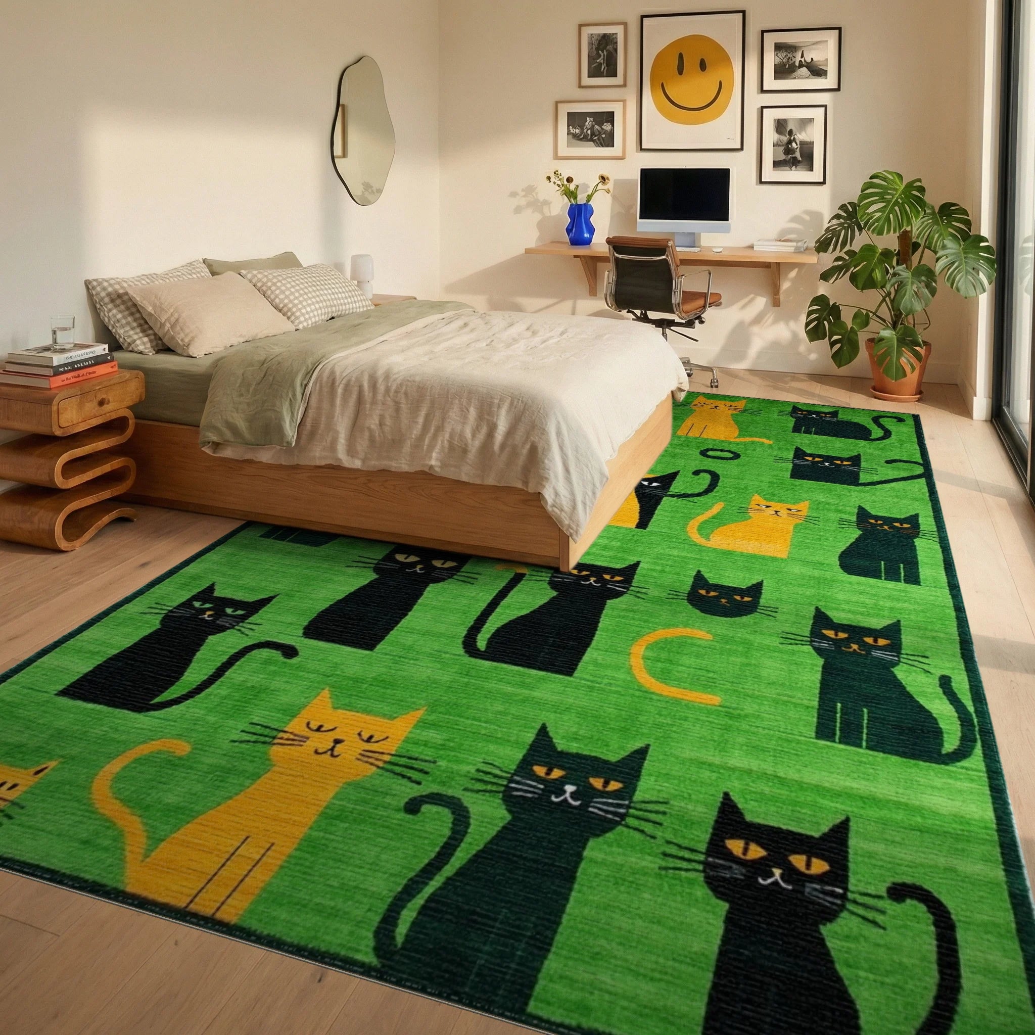 Whimsical Black and Orange Cats Rug - Bedroom View