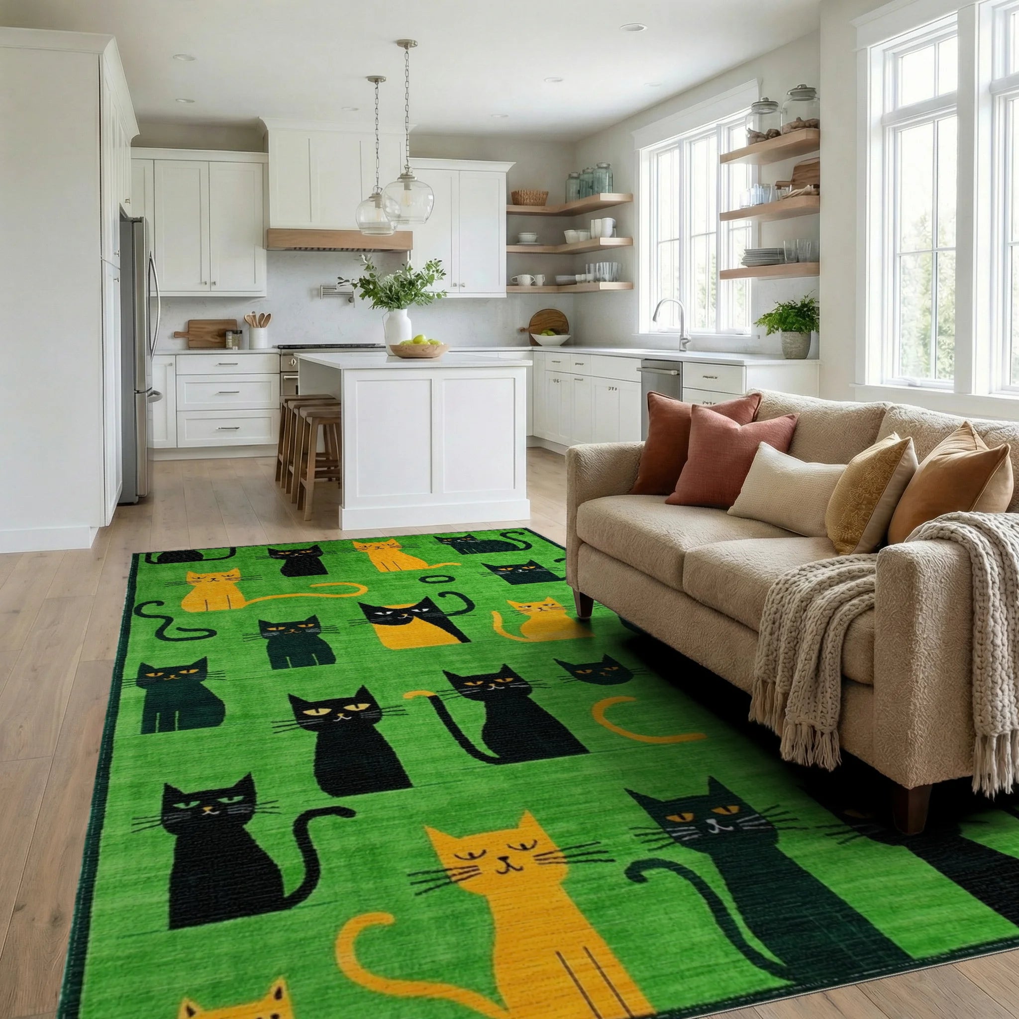 Whimsical Black and Orange Cats Rug - Living Room View