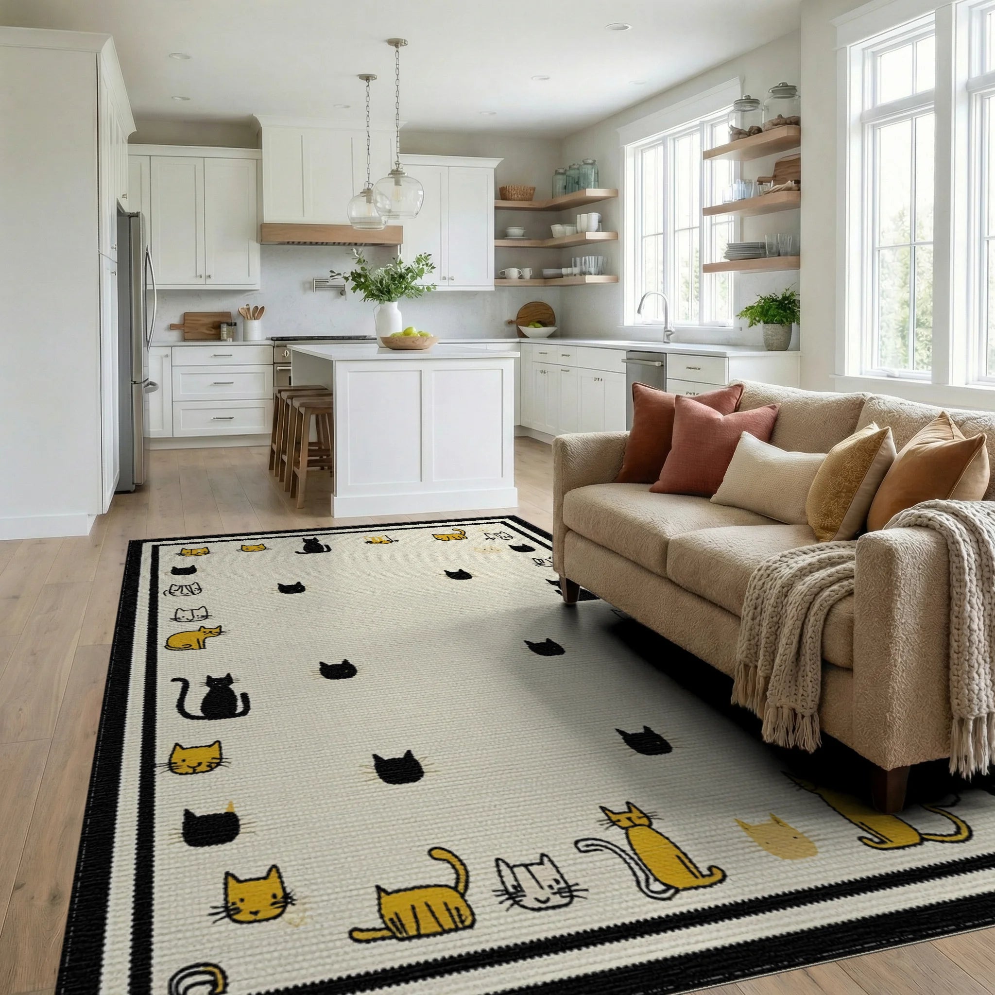Whimsical Black and Yellow Cat Collage Rug - Living Room View