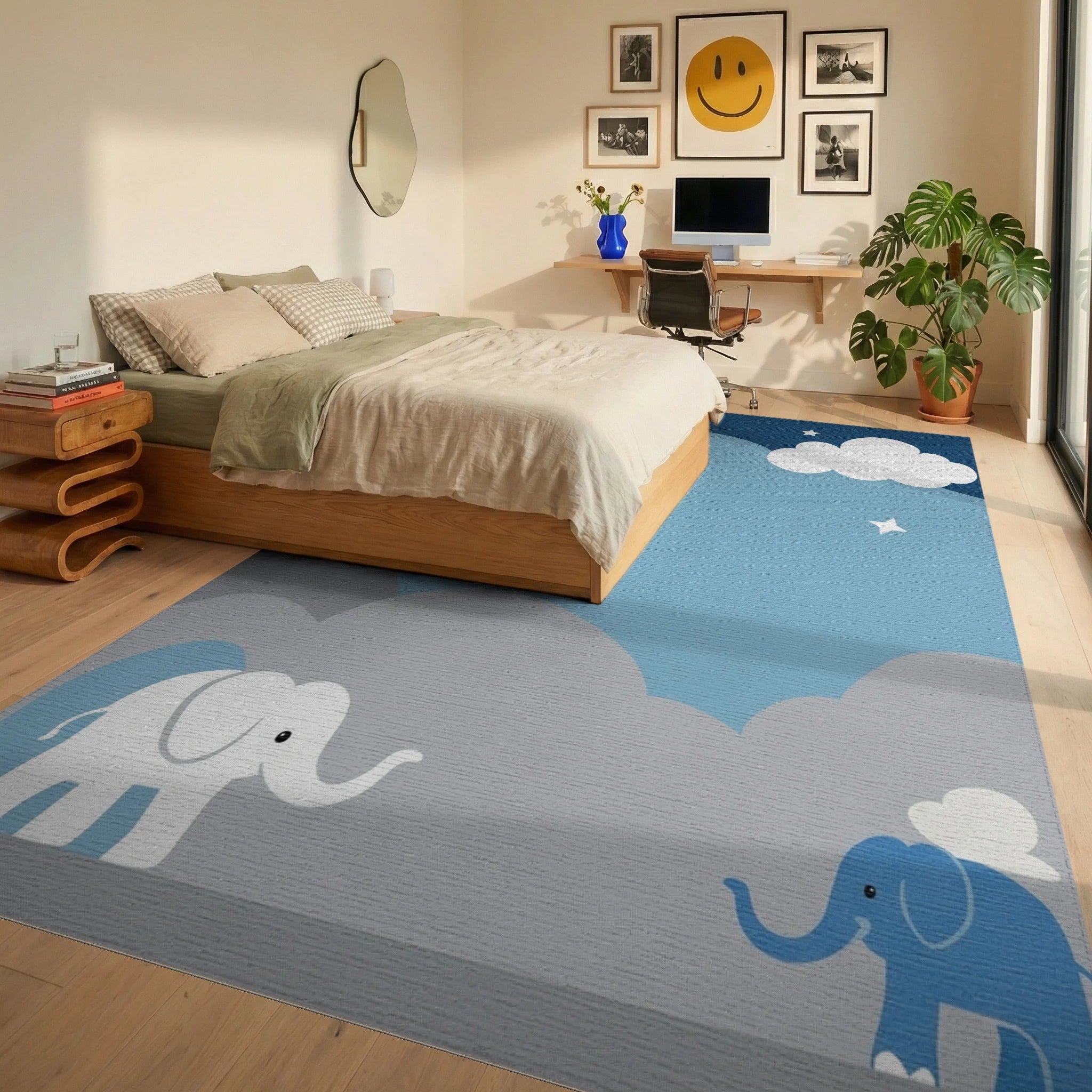 Whimsical Blue Elephant Cloud Scene Rug - Bedroom View