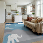 Whimsical Blue Elephant Cloud Scene Rug - Living Room View