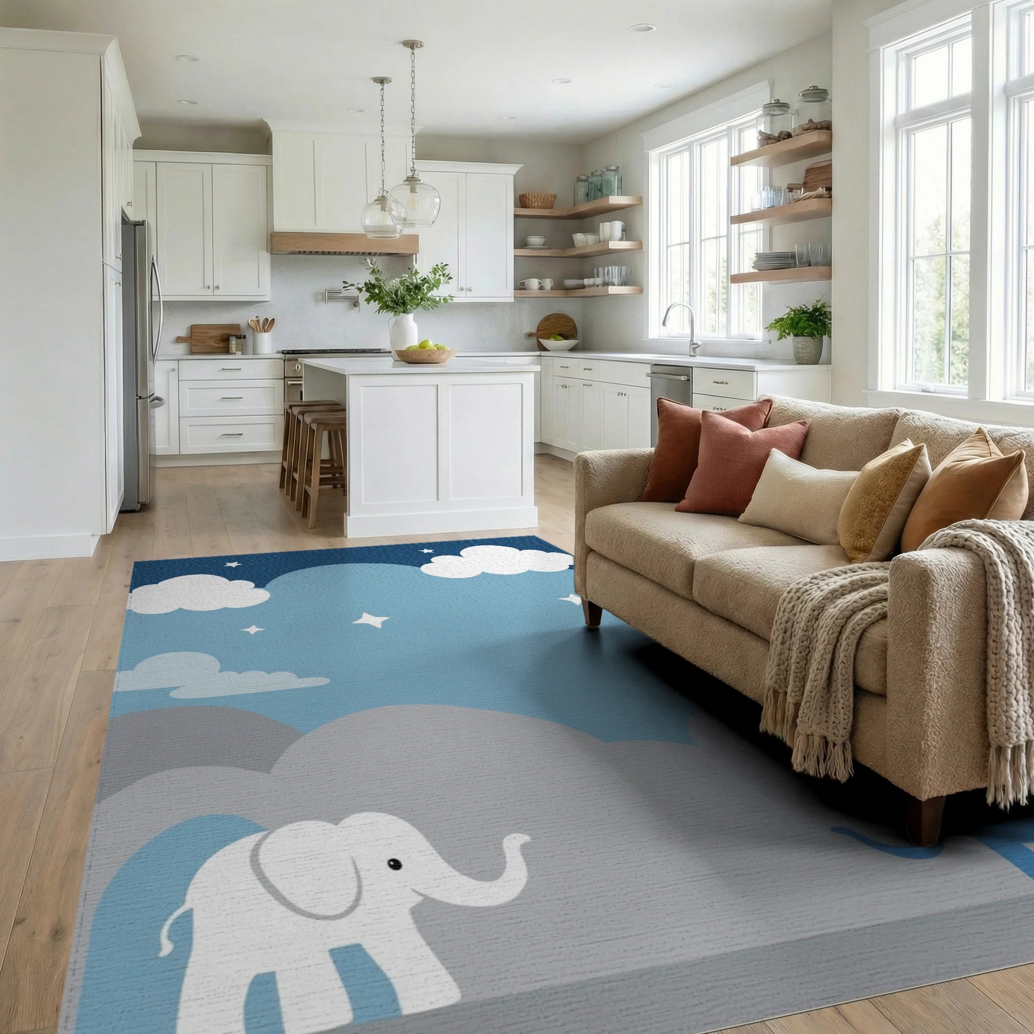 Whimsical Blue Elephant Cloud Scene Rug - Living Room View