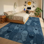 Whimsical Blue Monster Crowd Comical Art Rug Bedroom View