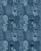 Whimsical Blue Monster Crowd Comical Art Rug - Cutout View