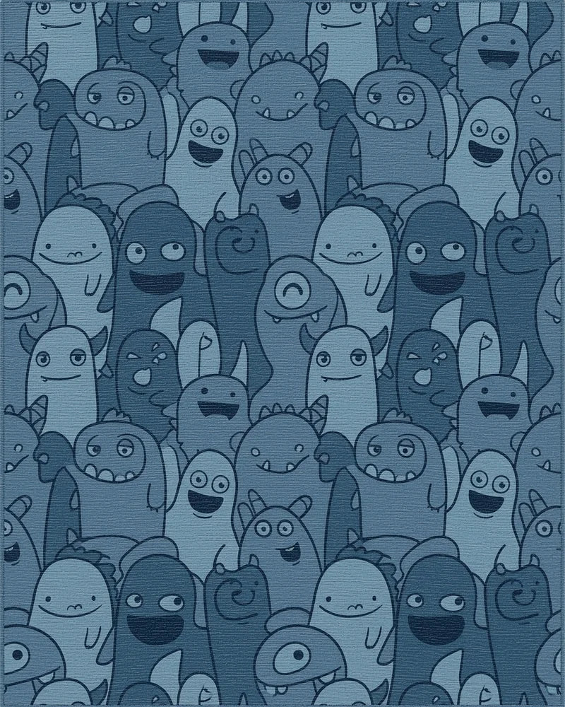 Whimsical Blue Monster Crowd Comical Art Rug - Cutout View
