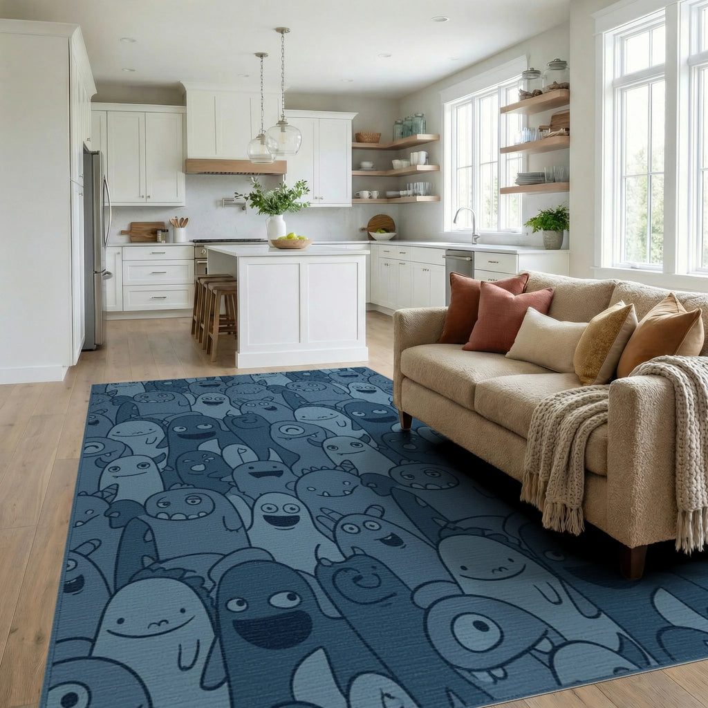 Whimsical Blue Monster Crowd Comical Art Rug Living Room View