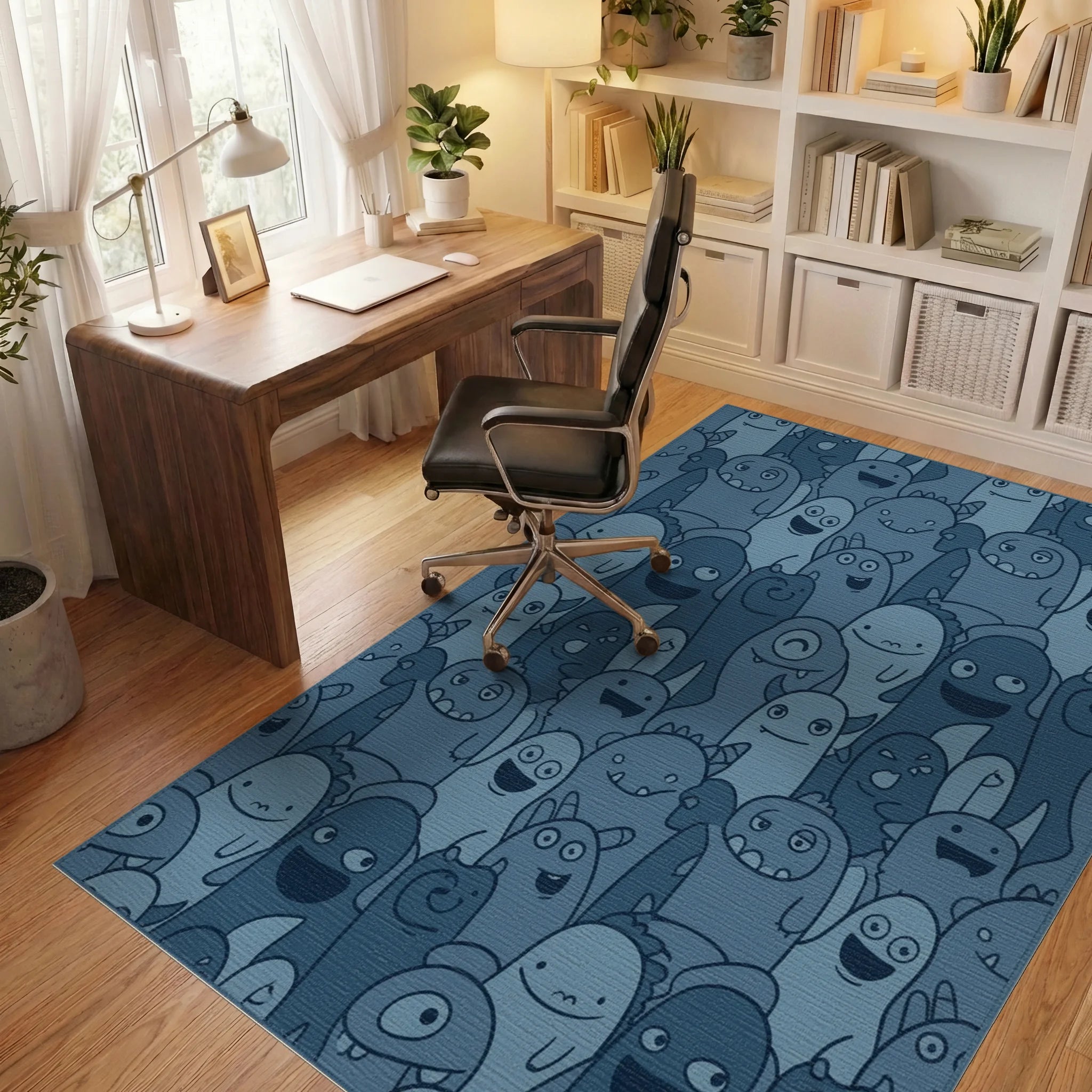 Whimsical Blue Monster Crowd Comical Art Rug Office View