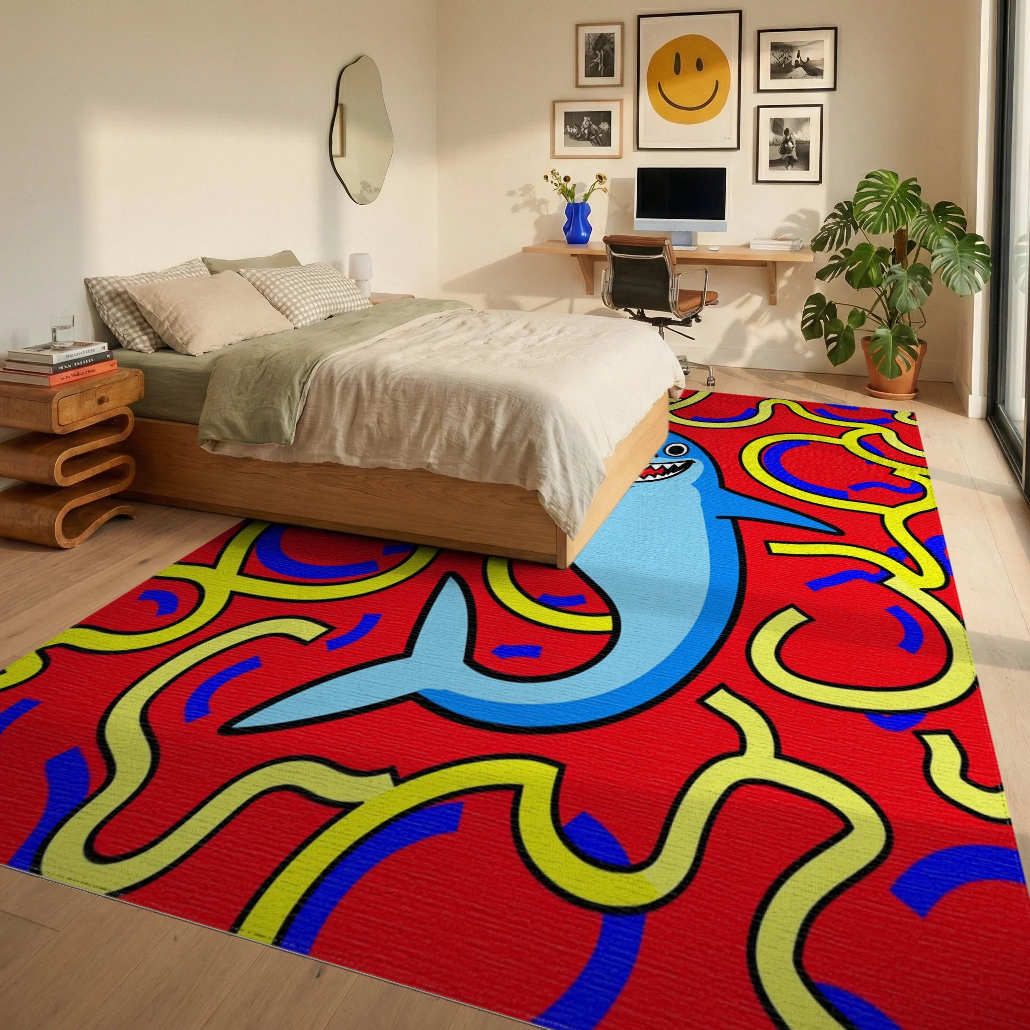Whimsical Blue Shark Red Swirls Rug Bedroom View
