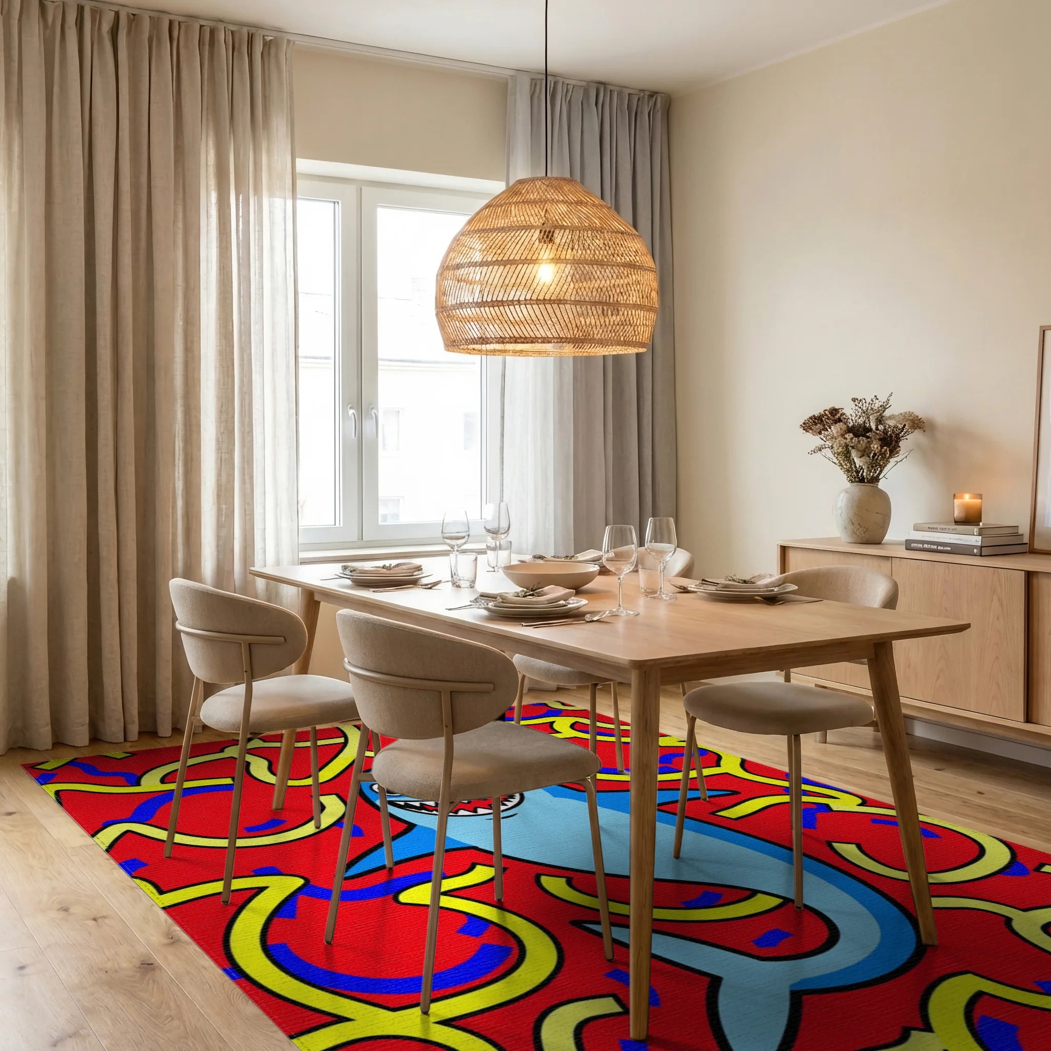 Whimsical Blue Shark Red Swirls Rug Dining Room View