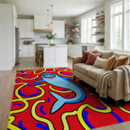 Whimsical Blue Shark Red Swirls Rug Living Room View