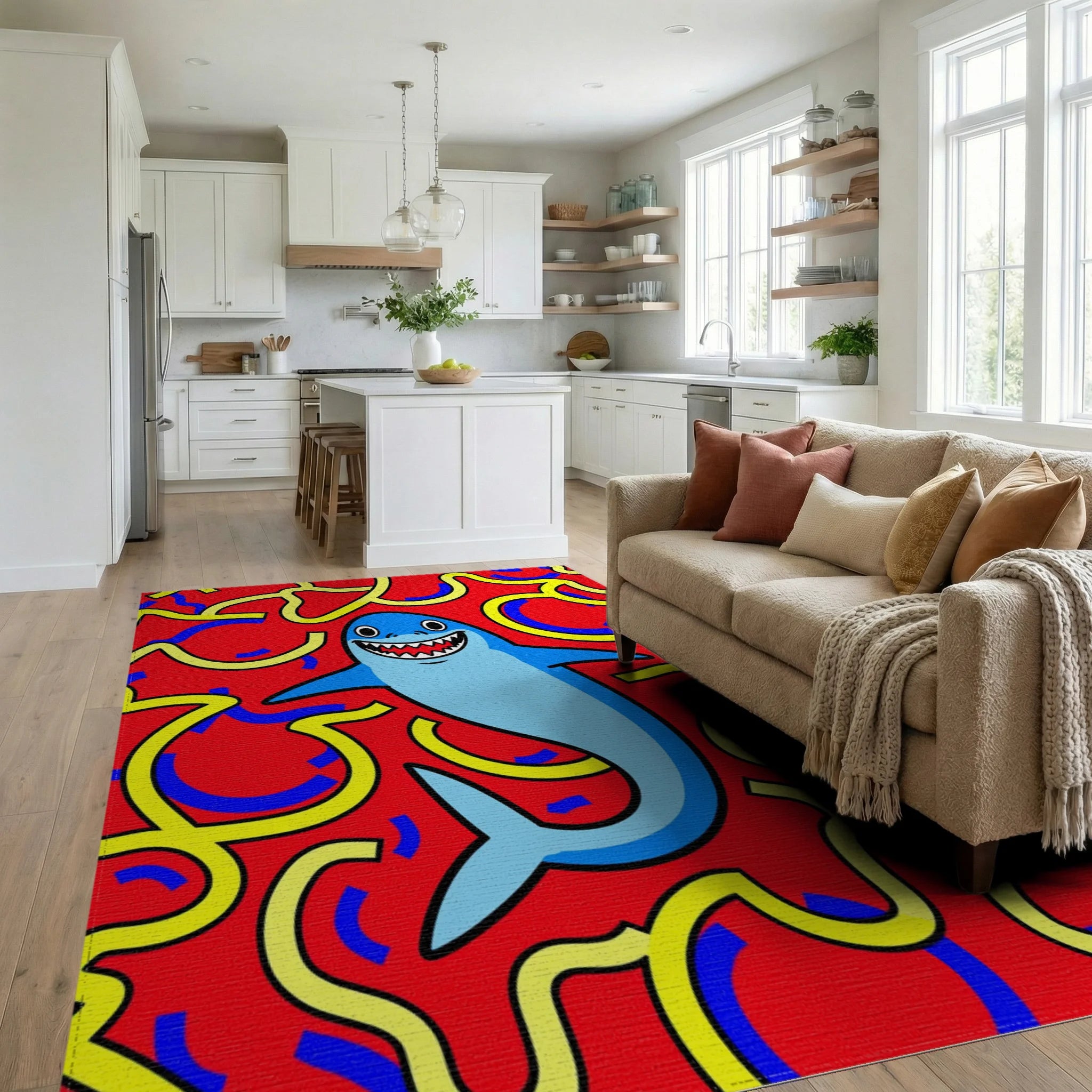 Whimsical Blue Shark Red Swirls Rug Living Room View