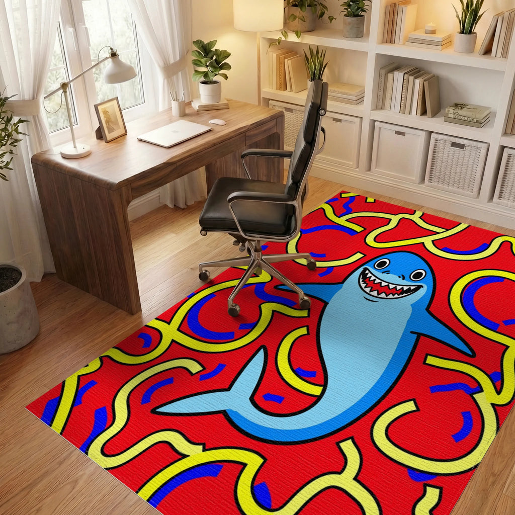 Whimsical Blue Shark Red Swirls Rug Office View