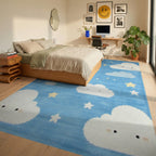 Whimsical Blue Sky Cloud Moon Stars Rug - Bedroom View