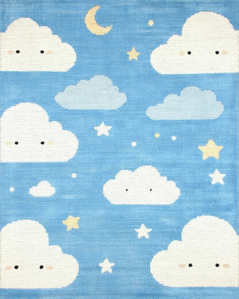 Whimsical Blue Sky Cloud Moon Stars Rug - Cutout View