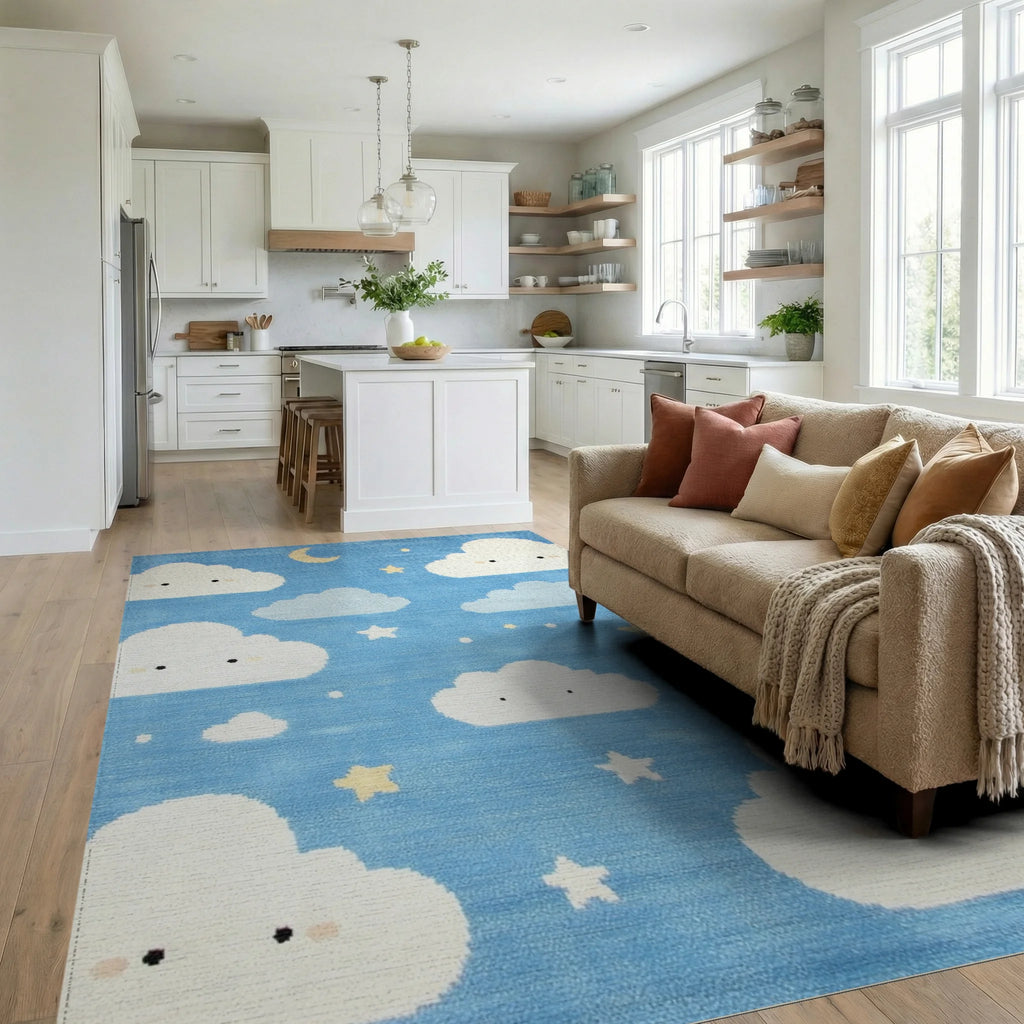 Whimsical Blue Sky Cloud Moon Stars Rug - Living Room View