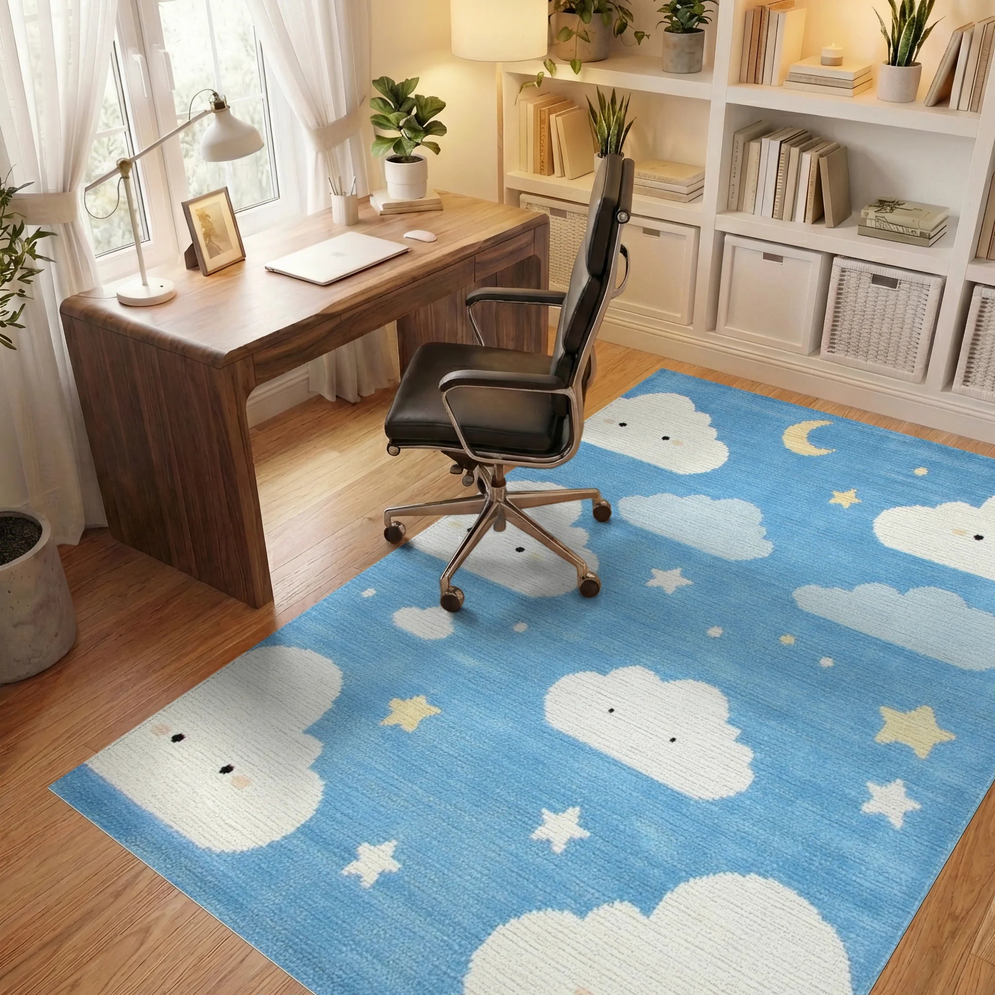 Whimsical Blue Sky Cloud Moon Stars Rug - Office View