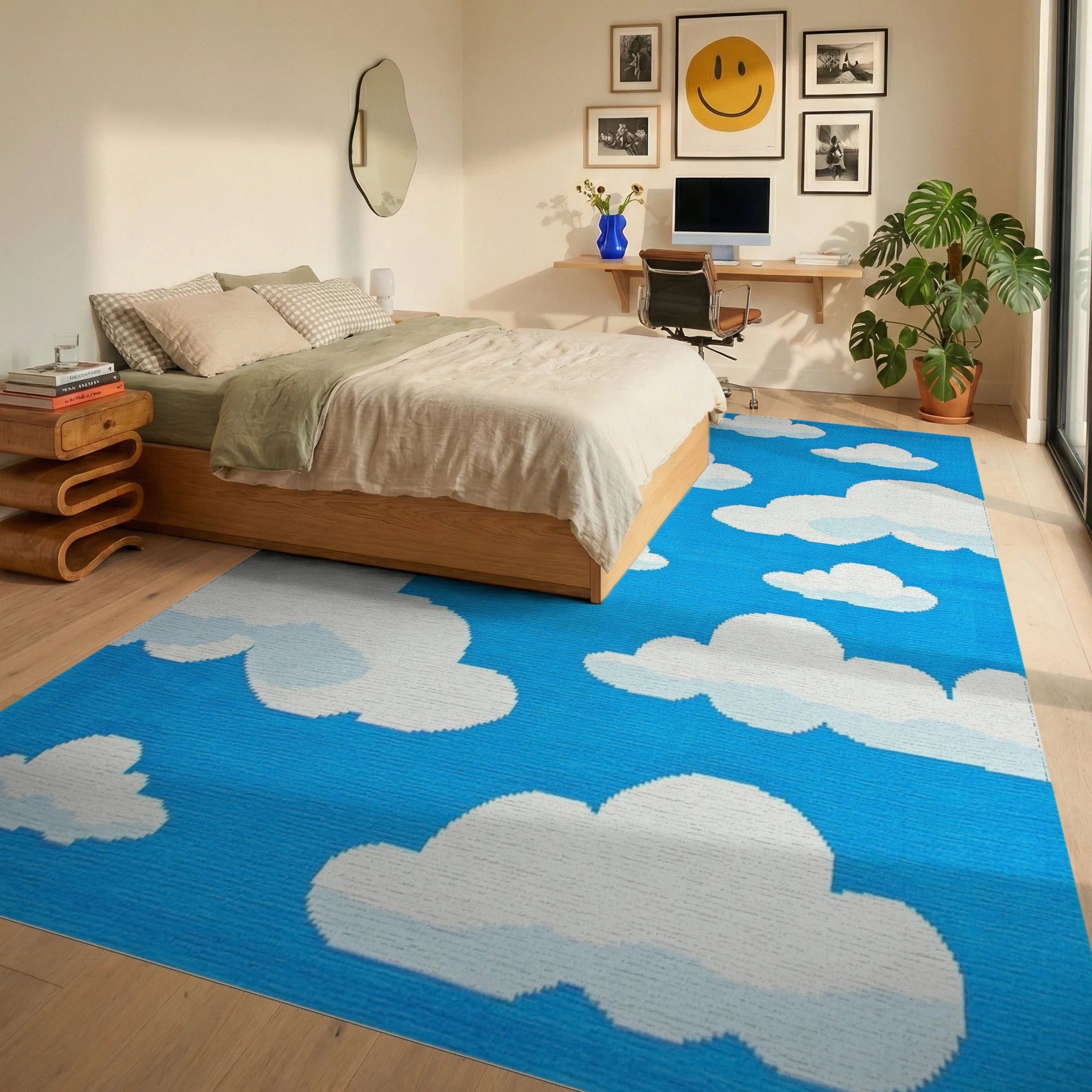 Whimsical Blue Sky Cloudscape Rug - Bedroom View