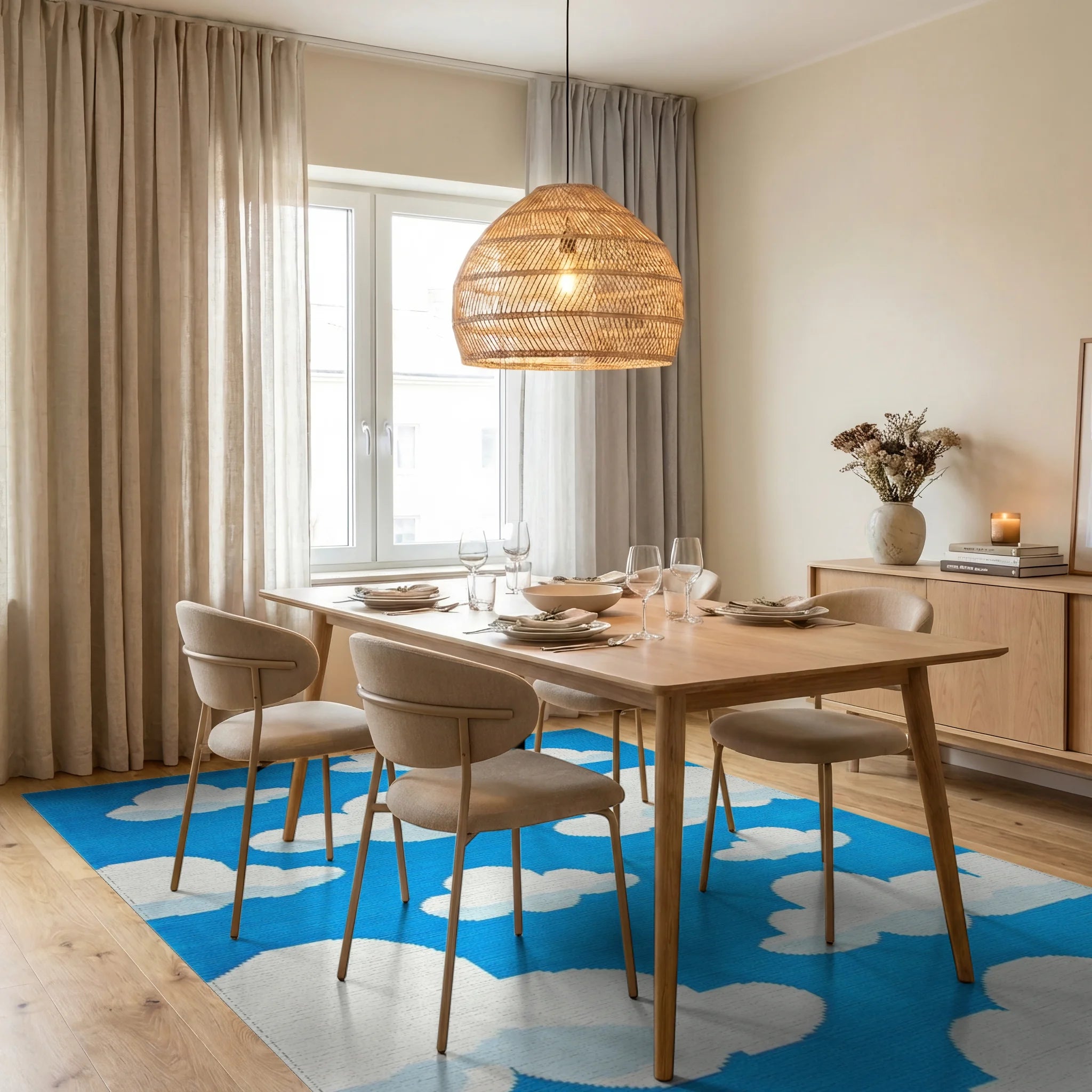 Whimsical Blue Sky Cloudscape Rug - Dining Room View
