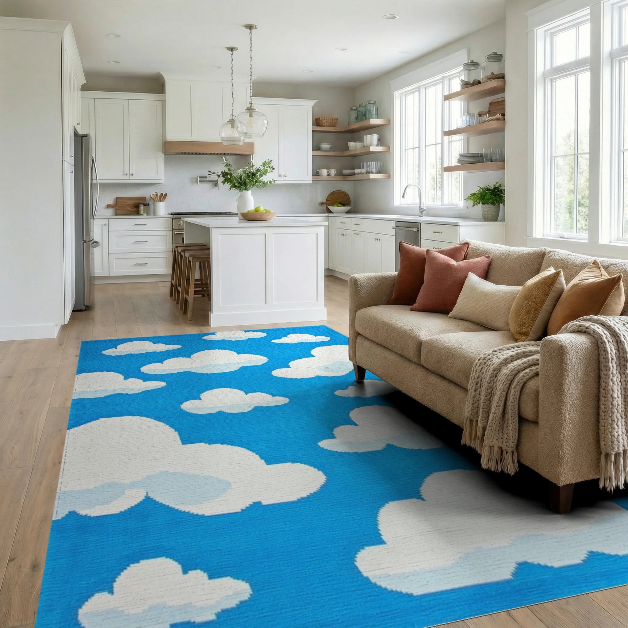 Whimsical Blue Sky Cloudscape Rug - Living Room View