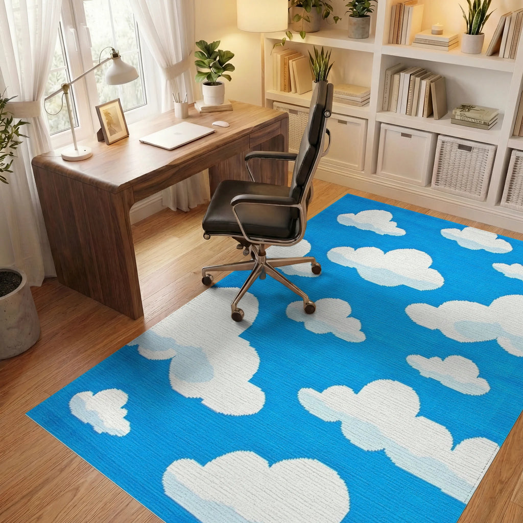 Whimsical Blue Sky Cloudscape Rug - Office View