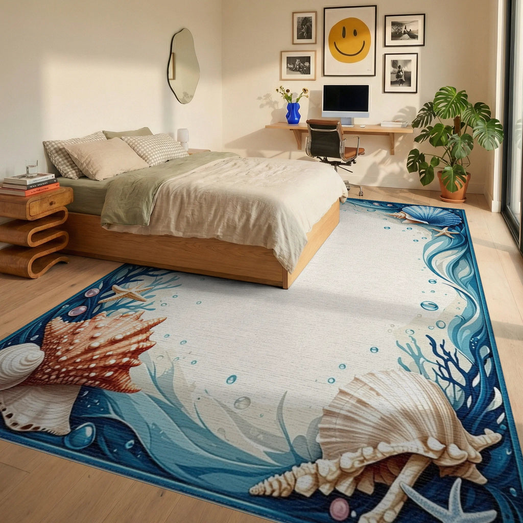Whimsical Blue Starfish Seashell Rug - Bedroom View