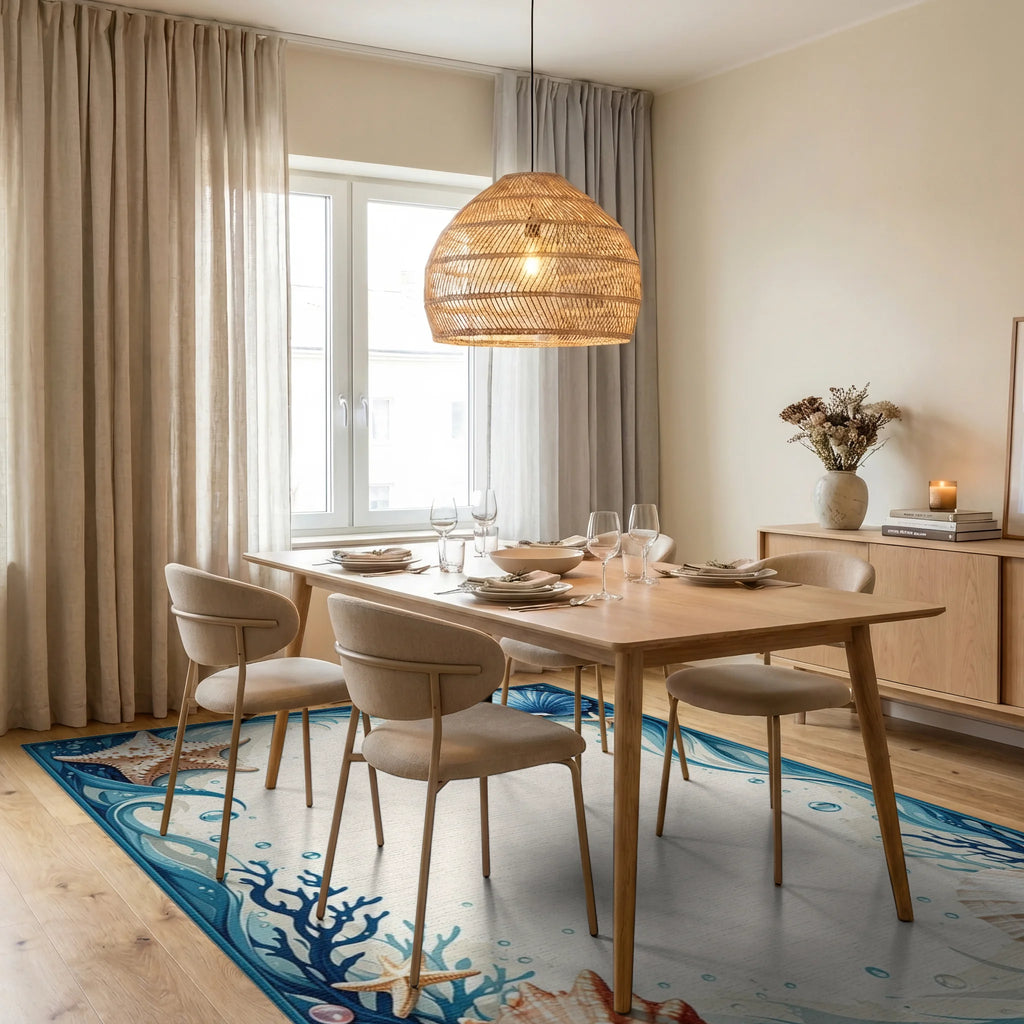 Whimsical Blue Starfish Seashell Rug - Dining Room View