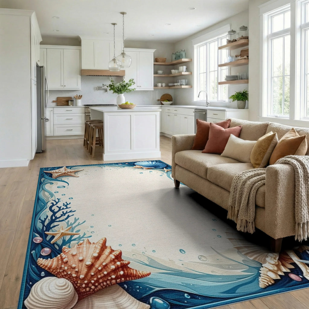 Whimsical Blue Starfish Seashell Rug - Living Room View