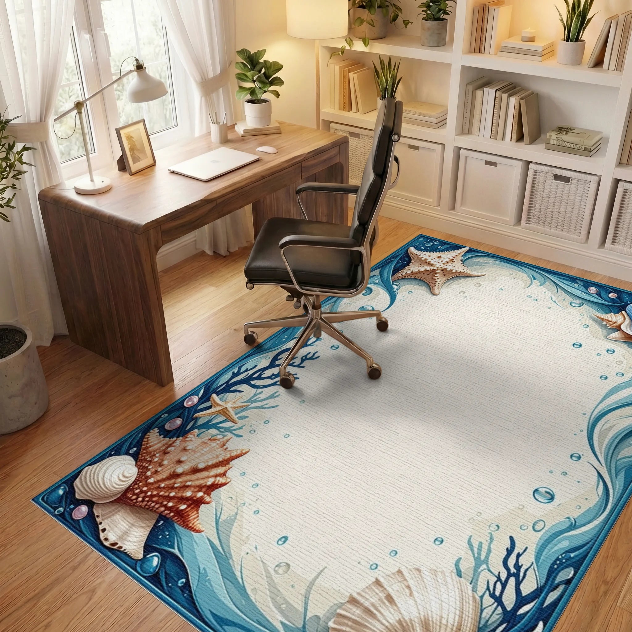 Whimsical Blue Starfish Seashell Rug - Office View