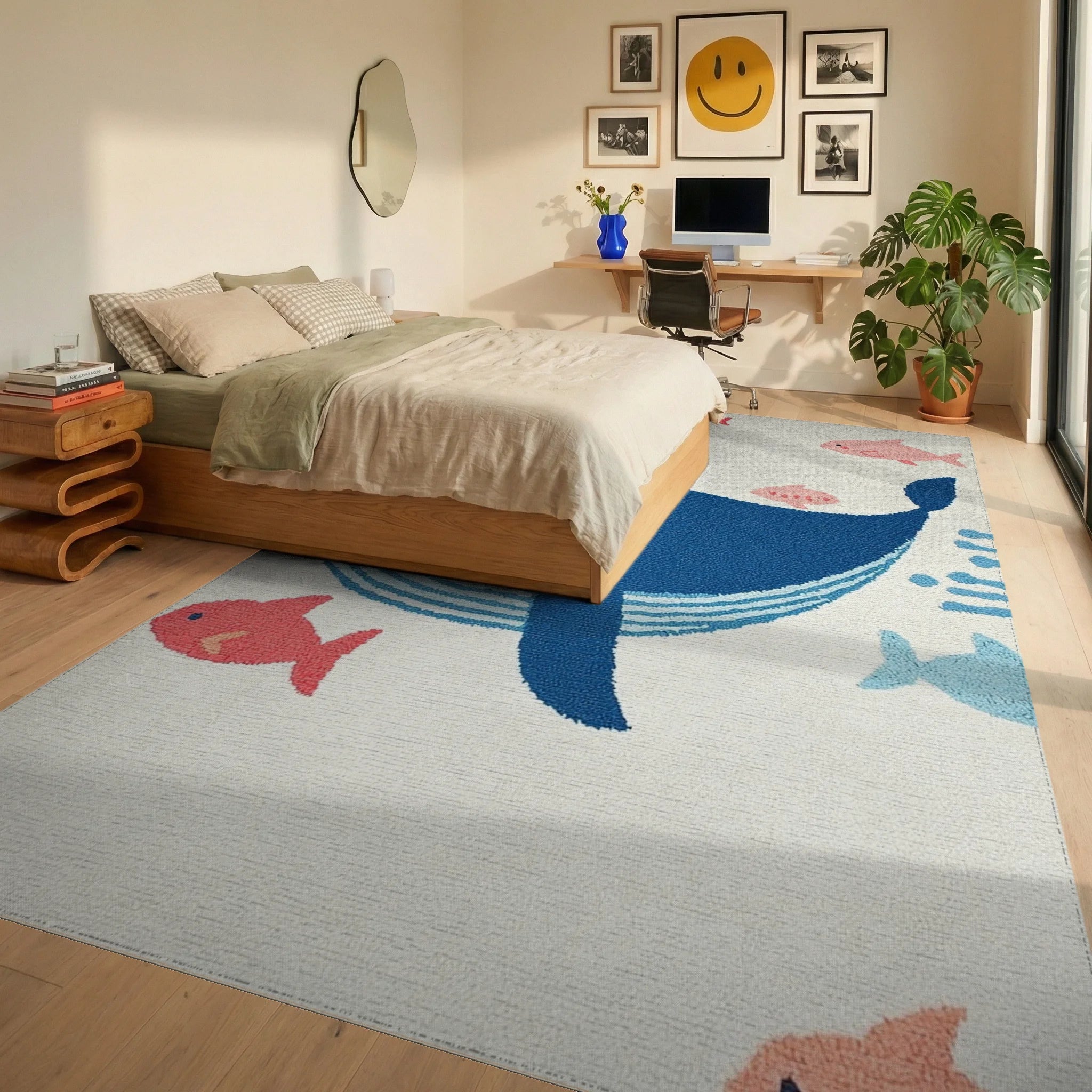 Whimsical Blue Whale Coral Fish Abstraction Rug - Bedroom View