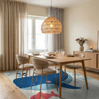 Whimsical Blue Whale Coral Fish Abstraction Rug - Dining Room View