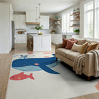Whimsical Blue Whale Coral Fish Abstraction Rug - Living Room View