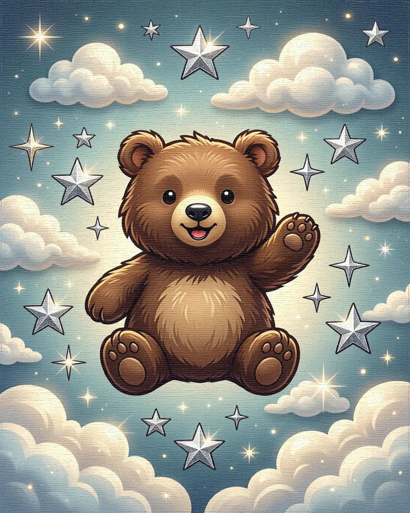 Whimsical Brown Bear Starry Night Illustration Rug - Cutout View
