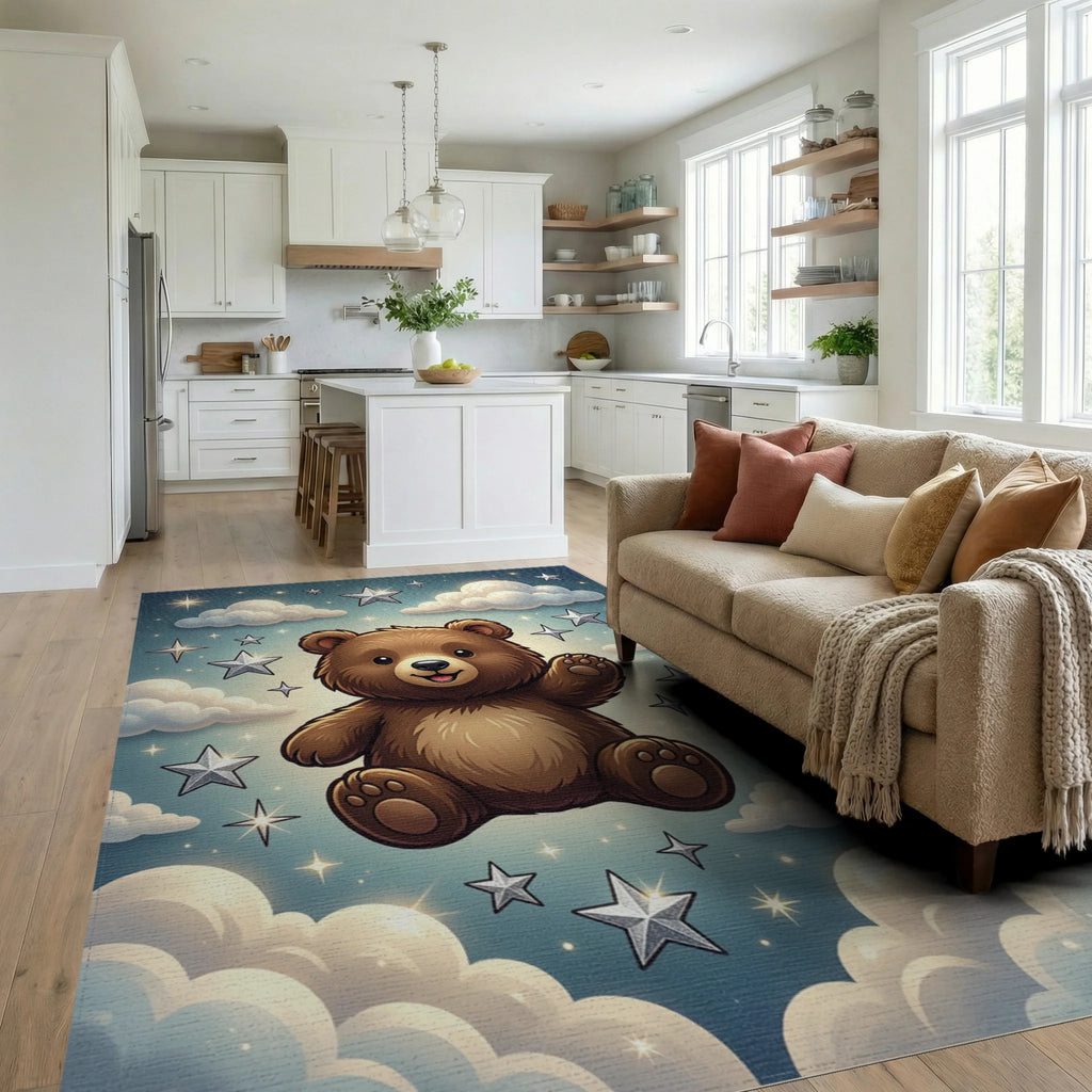 Whimsical Brown Bear Starry Night Illustration Rug Living Room View