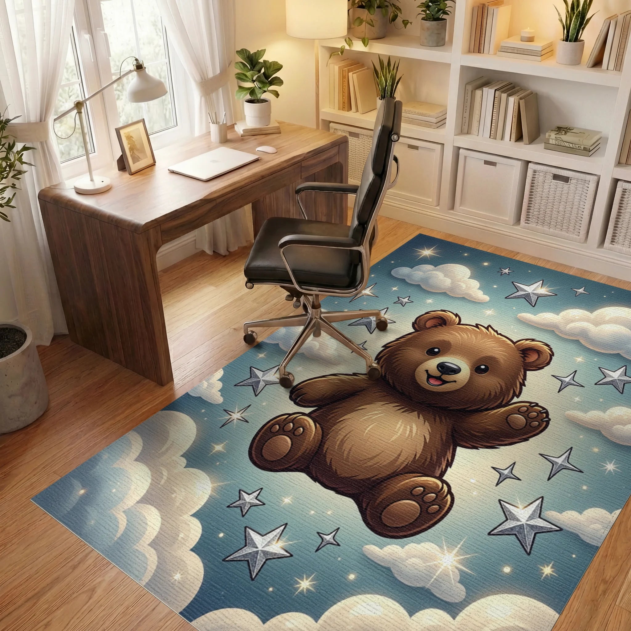 Whimsical Brown Bear Starry Night Illustration Rug Office View