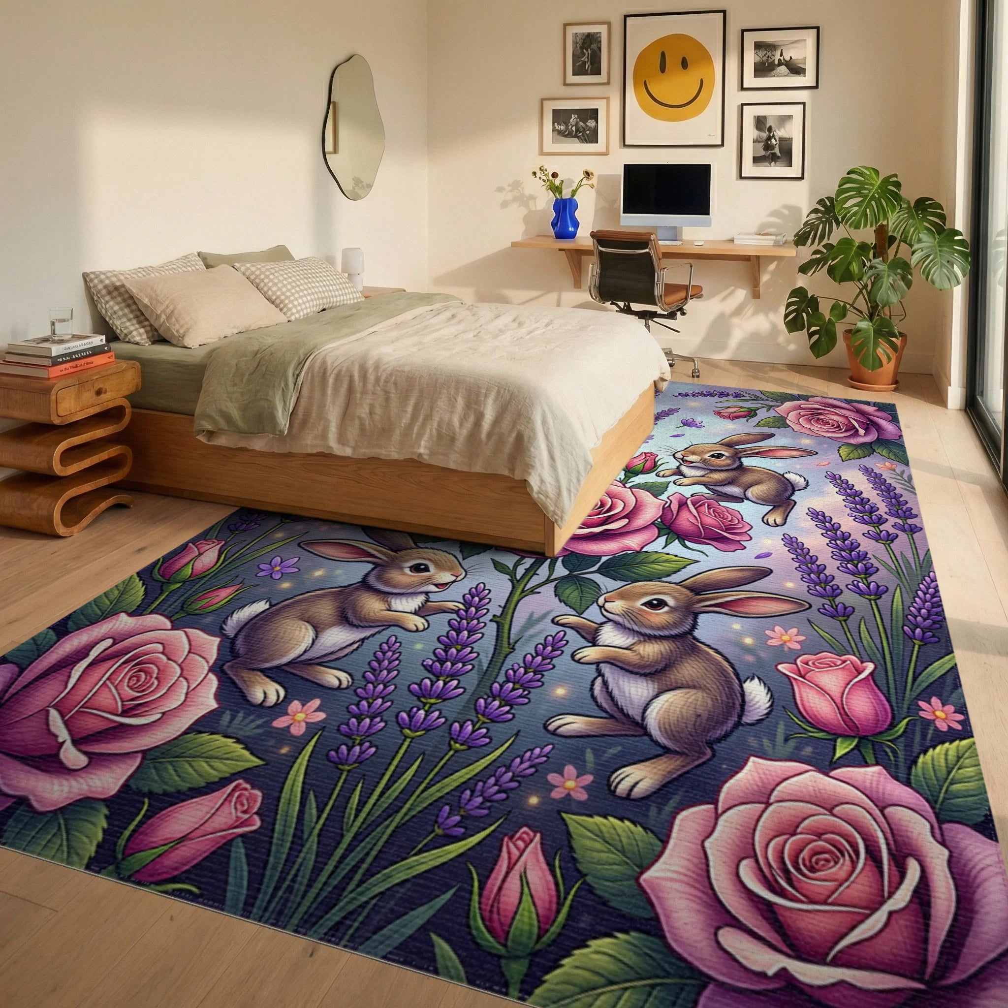 Whimsical Bunnies with Pink Roses Rug Bedroom View