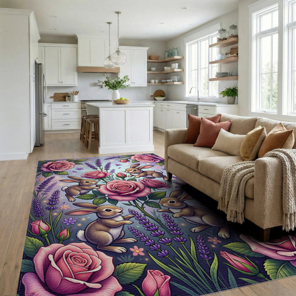 Whimsical Bunnies with Pink Roses Rug Living Room View