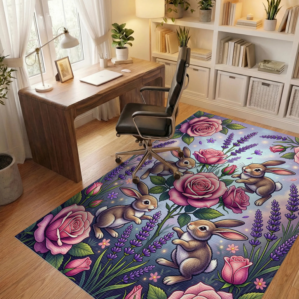 Whimsical Bunnies with Pink Roses Rug Office View