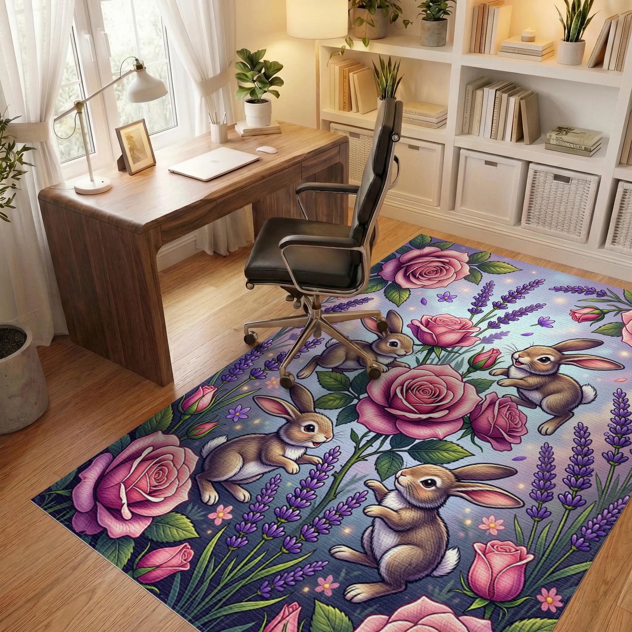 Whimsical Bunnies with Pink Roses Rug Office View