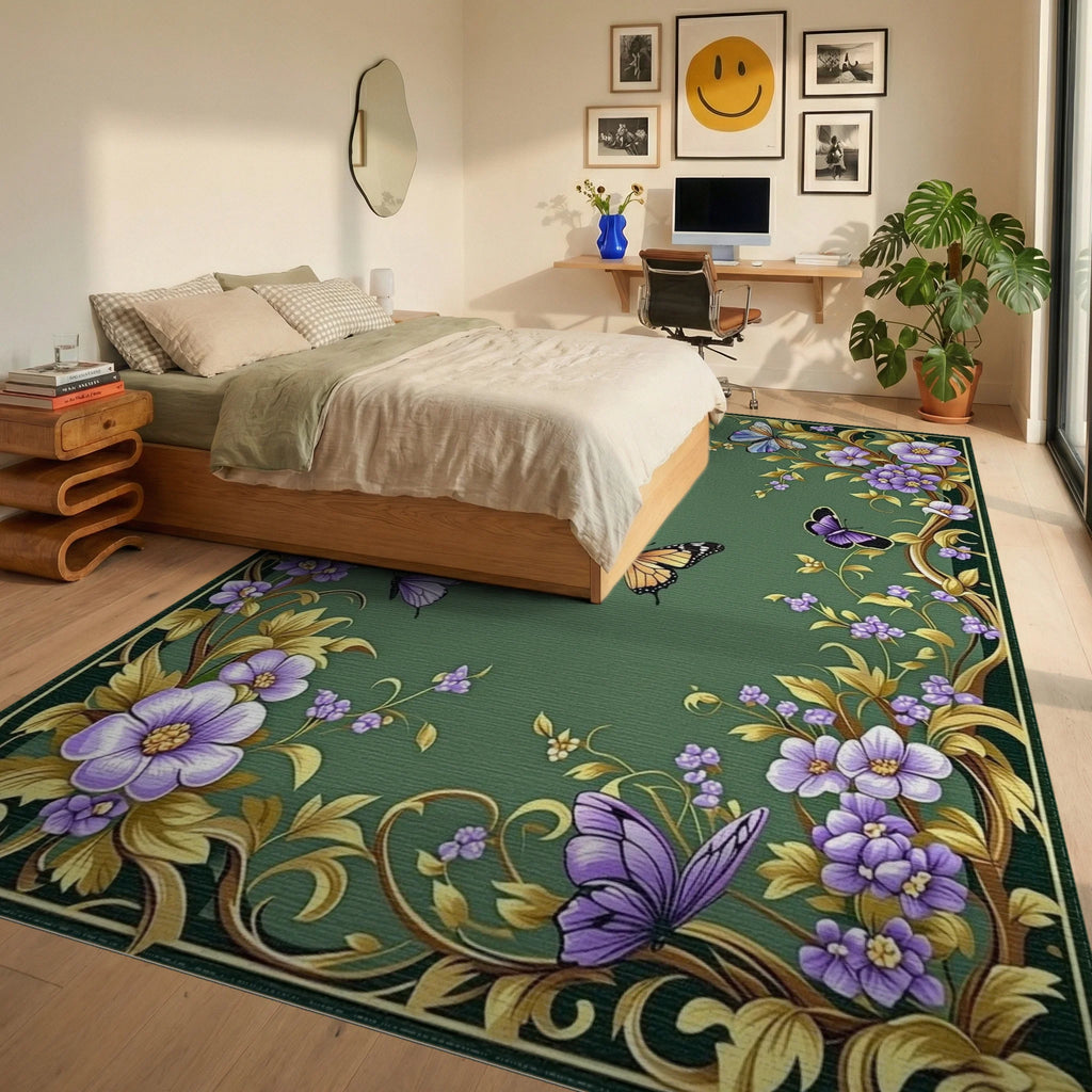 Whimsical Butterflies Floral Swirls Rug - Bedroom View