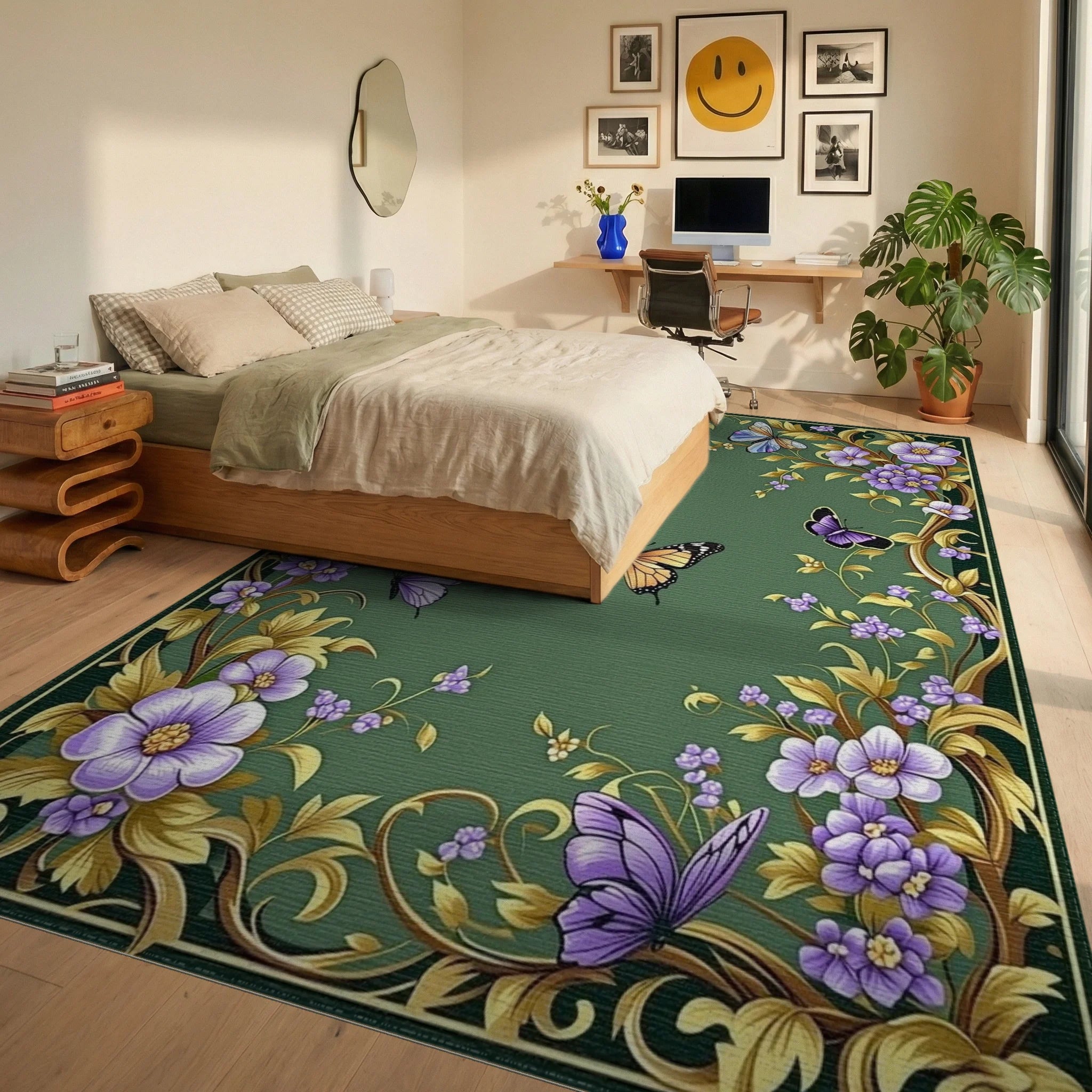 Whimsical Butterflies Floral Swirls Rug - Bedroom View