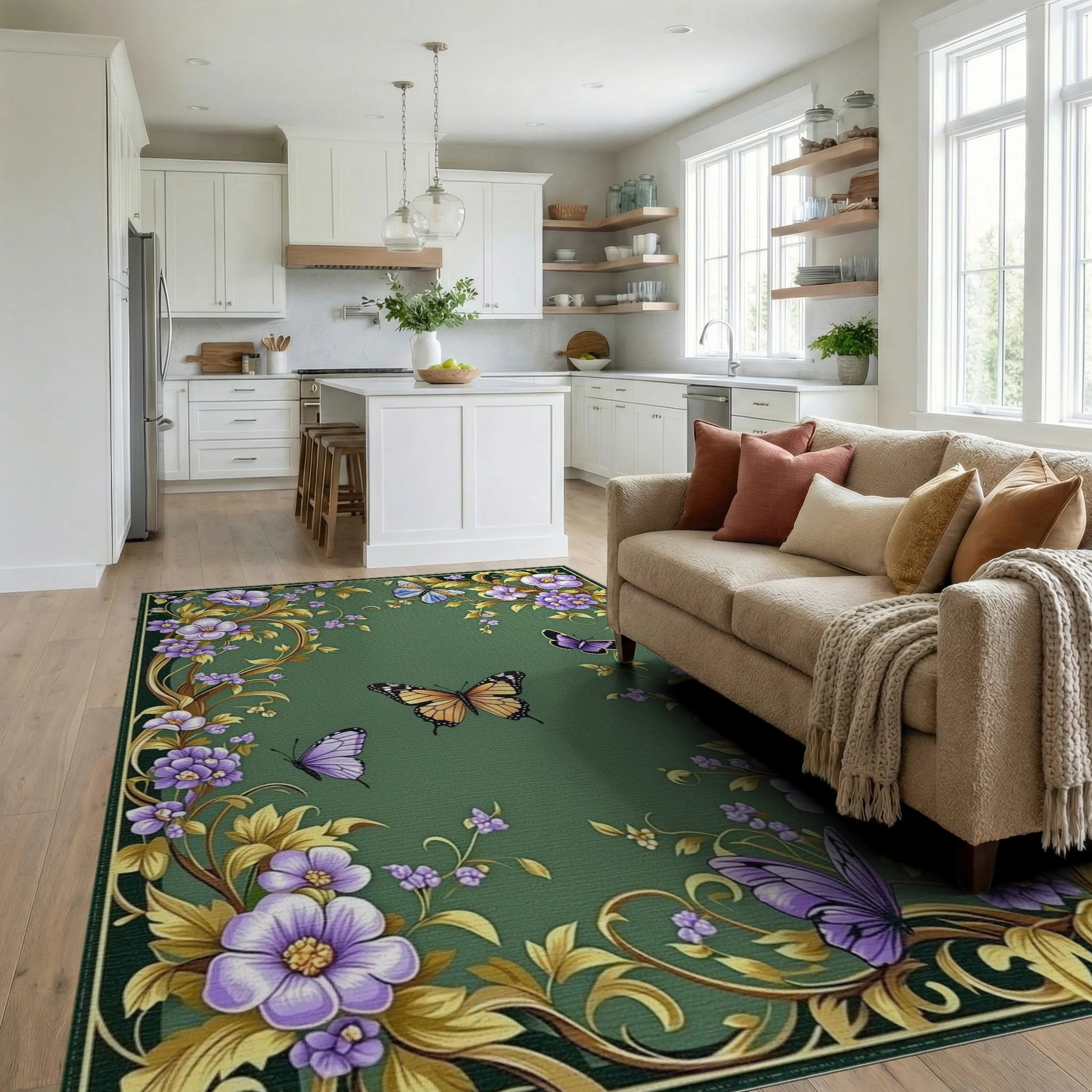 Whimsical Butterflies Floral Swirls Rug - Living Room View