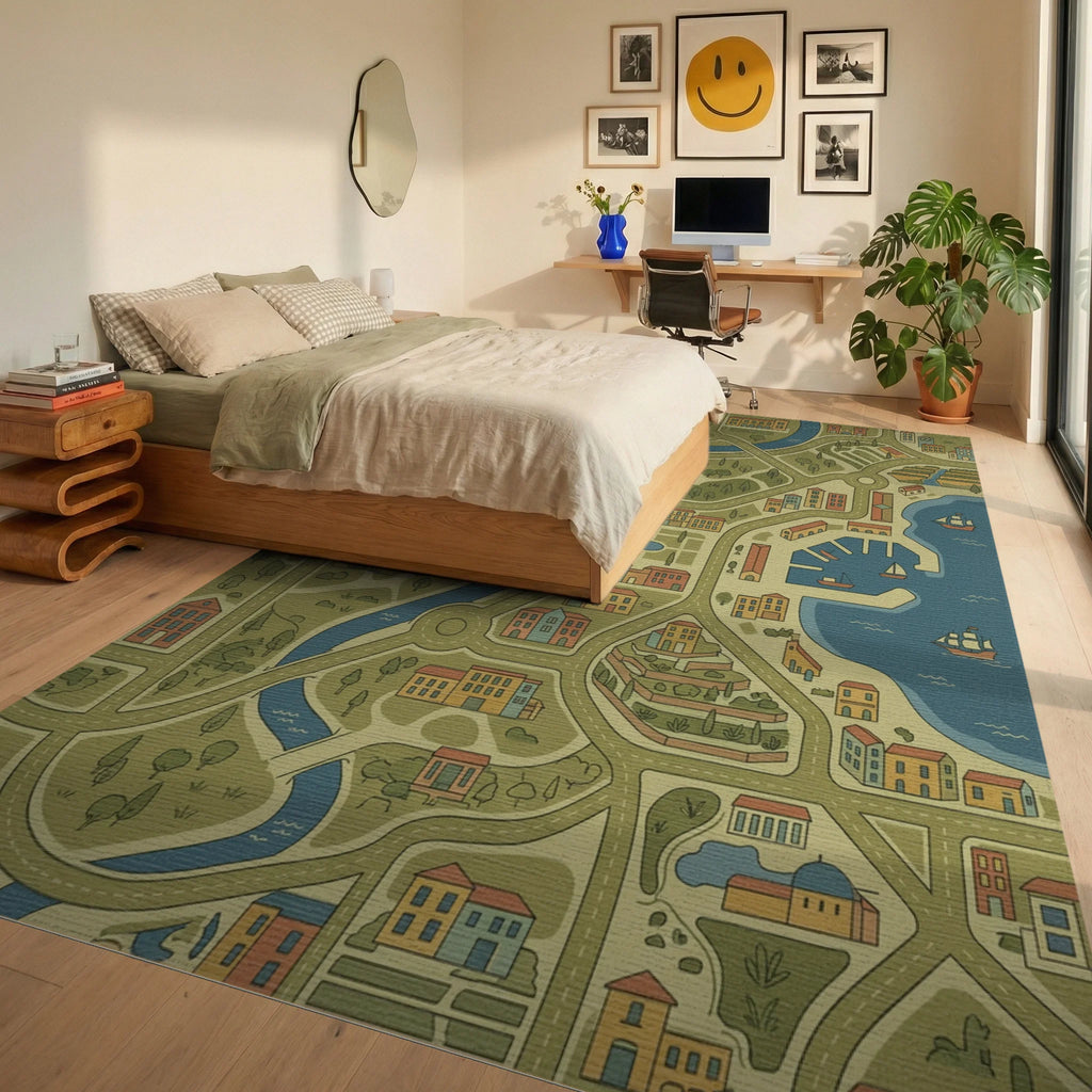 Whimsical Cityscape Map Buildings Rug Bedroom View