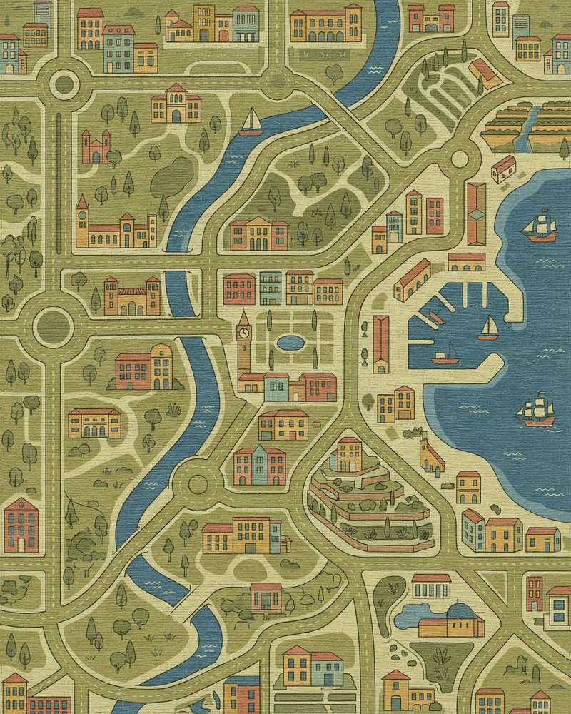 Whimsical Cityscape Map Buildings Rug - Cutout View